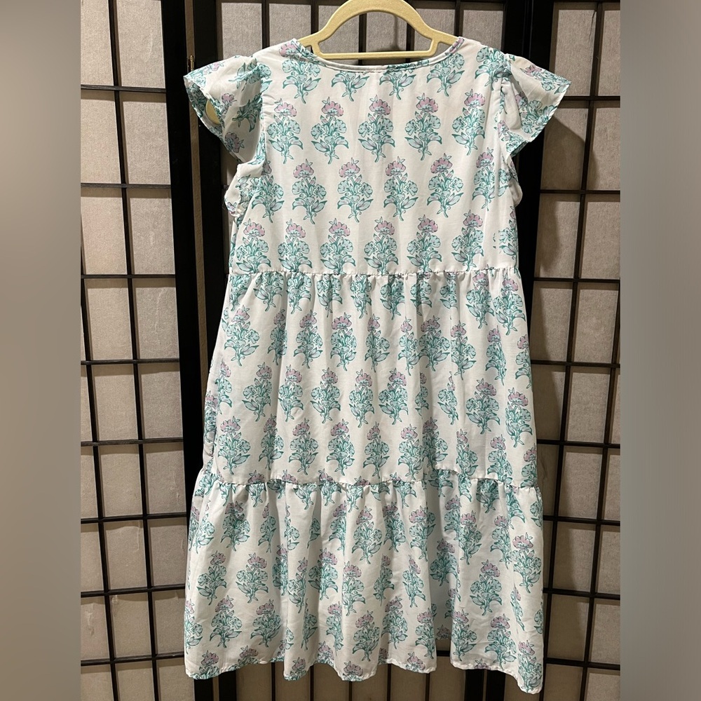 j.marie CECILIA RUFFLE FLORAL MINI DRESS in BLUE, mint with Lilac Accents SIZE S - Picture 4 of 11